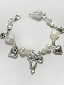 1pc Fashion Minimalist Casual Bowknot & Heart Hollow Rotating Acrylic Beaded Bracelet, Suitable For Women Everyday Or Party Wear - Silver - View 2