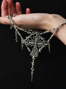 1pc Punk Rock Multilayer Metal Chain Necklace With Thorny Cross Pendant, Suitable For Festivals, Parties, Special Occasions, Halloween, Women Accessories, Gifts, All Seasons