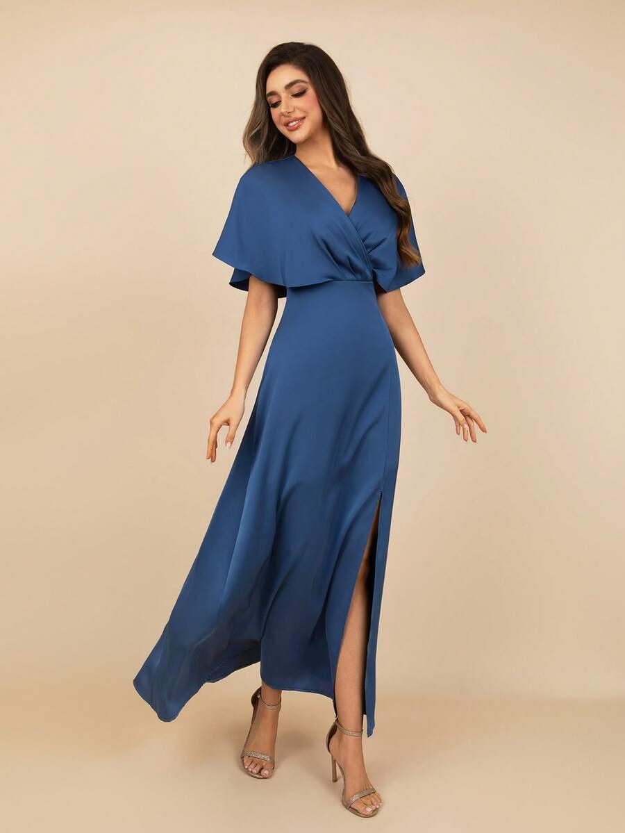 MOEVIO 优雅 V 领裹身高腰开叉大腿长款伴娘正式晚礼服婚礼宾客礼服女士，新娘母亲礼服，生日女士服装，别致毕业礼服