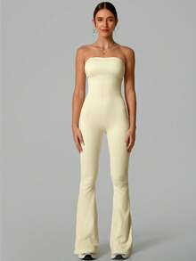NcmRyu 1 Set Solid Color Seamless Tube Top Bodysuit Women S Slimming Jumpsuit Fitness Apparel Yoga Wear Gym Activewear Stretchable Body Shaper Sleeveless Flare Jumpsuit Comfortable Activewear For Fitness Gym Running And Outdoor Activities - 奶油白 - 查看 5