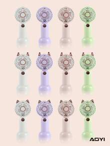 AOYI 1 Mini ventilador de mano recargable con diseño de dibujos animados, 3 velocidades ajustables, con cable de carga USB y base - Multicolor - Ver 8