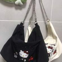 Sanrio Genuine Sanrio Hello Kitty Cute Exquisite Girl Commuting Large Capacity Tote Bag Kitty Embroidered Handbag Lightweight Underarm Hand Bag Student Bag Zipper Opening Design