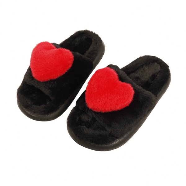 Cute Heart Decor Slippers, Casual Slip On Faux Fur Open Toe Shoes, Comfortable Indoor Home Slippers