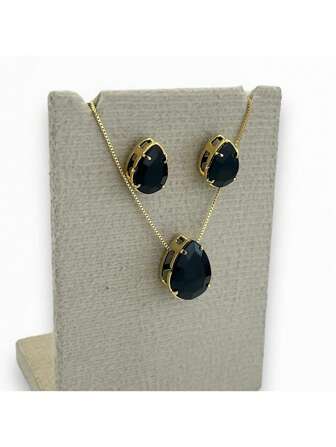 Conjunto Gota de acrílico Folheado a ouro - ( Ping. G/ brinco P ) - Preto