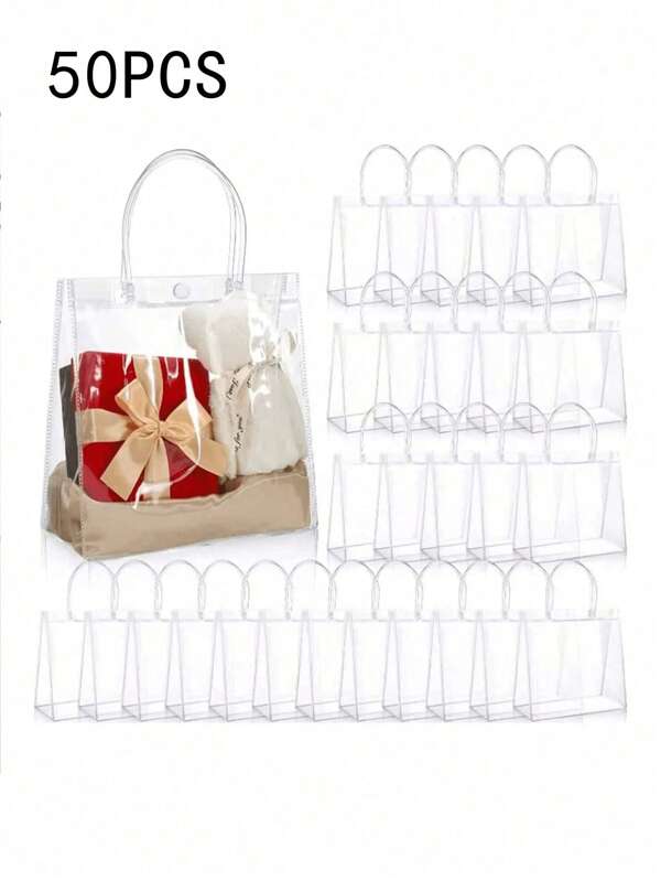 Set de 50 bolsas transparentes de PVC a prueba de agua, 10 piezas, para regalo, bolsa de compras, bolso perfecto para bodas de damas, fiestas y regalos de festivales, aprobado para estadios, bolsa transparente y clara a prueba de agua para mujeres, perfecta para verano, vacaciones y playa, bolsas de regalo de Navidad.