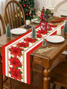 1 buc. Traversă de masă de Crăciun fericit cu modele mari de Poinsettia roșii, 35*180cm, husă de masă de Crăciun din poliester, decorațiuni de Crăciun pentru casă 2025, decor pentru masă de bucătărie, decorațiuni festive pentru masă, temă de iarnă, decor pentru petrecere de Crăciun, Anul Nou fericit 2026