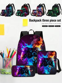 3 Pieces Set Backpack For Boys Girls, Kids Game Controller Patterned Backpack For Teens Elementary Middle High School Students, Large Capacity School Bags With Shoulder Bags And Pencil Case For Back To School Gift