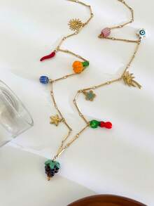 Monlansher New Arrival Women Stainless Steel Multi-Pendant Necklace, Featuring Ceramic, Glaze, Enamel And Stainless Steel Elements In Design, Versatile & Fashionable Long Necklace