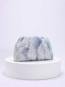 1pc Colorful PVC Sequin Flower Pattern Hemp Fabric Mesh Embroidery Ruched Clutch Bag, Shiny Sparkly Evening Handbag For Women, Casual Holiday Party (Flower Sequin Pattern Randomly Sent) - Baby Blue - View 5