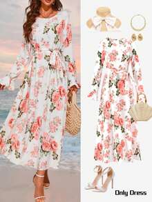 Floral Print Belted Flare Sleeve Spring Vacation Dress - Multicolor - View 4