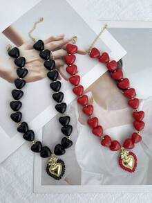 1 pieza Collar con colgante de perla de resina de estilo elegante y lujoso Y2K, con cuentas de cobre en forma de corazón, color rojo, regalo de joyería para hermanas, parejas, adecuado para el Día de San Valentín, citas, fiestas, bodas, vacaciones, Navidad, usar joyería roja - collar - View 1