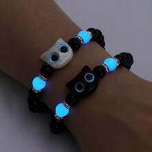 A Set Of Cute Glow-In-The-Dark Cat Bead Bracelet And Necklace, Perfect For Daily Wear, Couples, Parties, And As Gifts For Anniversaries And Holidays Cute Acrylic Black White Cat Couple Bracelet Necklace Glow In The Dark Bead Bracelets For Women Men Girls Boys Cute Big Eye Cat Luminous Bracelets