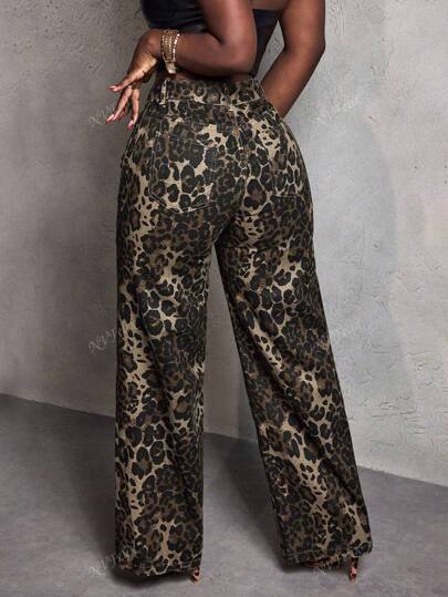 NVFelix Jeans de mujer con estampado de leopardo, bolsillos, botones y cremallera