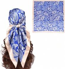 35 Inches Silk Head Scarf-Satin Hair Scarves Silk Bandana Scarf Headscarf For Women's Fashion Scarveshalloween - 中腰果 - 藍色 - 查看 12