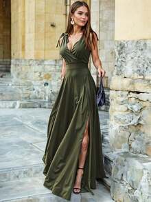 Vestido Largo con Escote en V o Pico Profundo con Detalle de Lazos Ajustables y Abertura en Pierna Elegante para Mujer - Verde militar - Ver 2