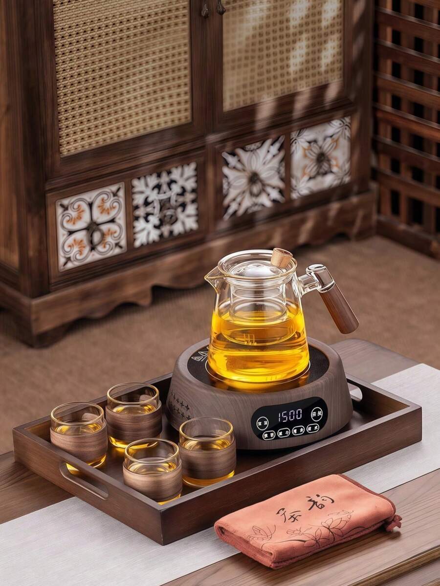 1pc Heat-Resistant Walnut Wood Handle Glass Teapot, Home Kitchenware, Office Tea Infuser For Green Tea, Flower Tea, Black Tea, Fruit Tea, Coffee, Lemon Water, Iced Tea - Multicolor - View 1