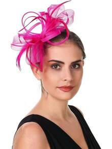 Fascinators Hat Flower Mesh Ribbons Feathers On A Headband And A Clip Tea Party Headwear Girls And Women - St07-fuschia - View 4