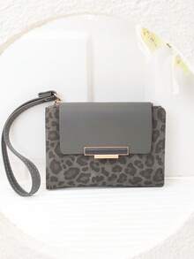 Women's Short Color Block Patchwork Wallet, Fashion Leopard & Wood Grain Multi-Function Card Holder Purse, Exquisite Stylish Snap Closure Young Student Large Capacity Zipper Coin Pouch, Lightweight Convenient Portable Suitable For Holiday Gift - Grey - View 3