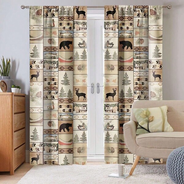 [Rideaux rustiques] 2 pièces de rideaux - Style campagne rustique et nature inspiré de la faune, avec des accents géométriques, en polyester durable, lavables en machine - Motifs d'orignaux, de cerfs, d'ours et de pins pour le salon, la cuisine, le bureau