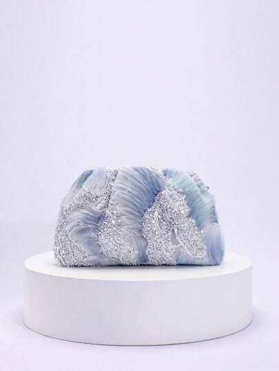 1pc Colorful PVC Sequin Flower Pattern Hemp Fabric Mesh Embroidery Ruched Clutch Bag, Shiny Sparkly Evening Handbag For Women, Casual Holiday Party (Flower Sequin Pattern Randomly Sent)