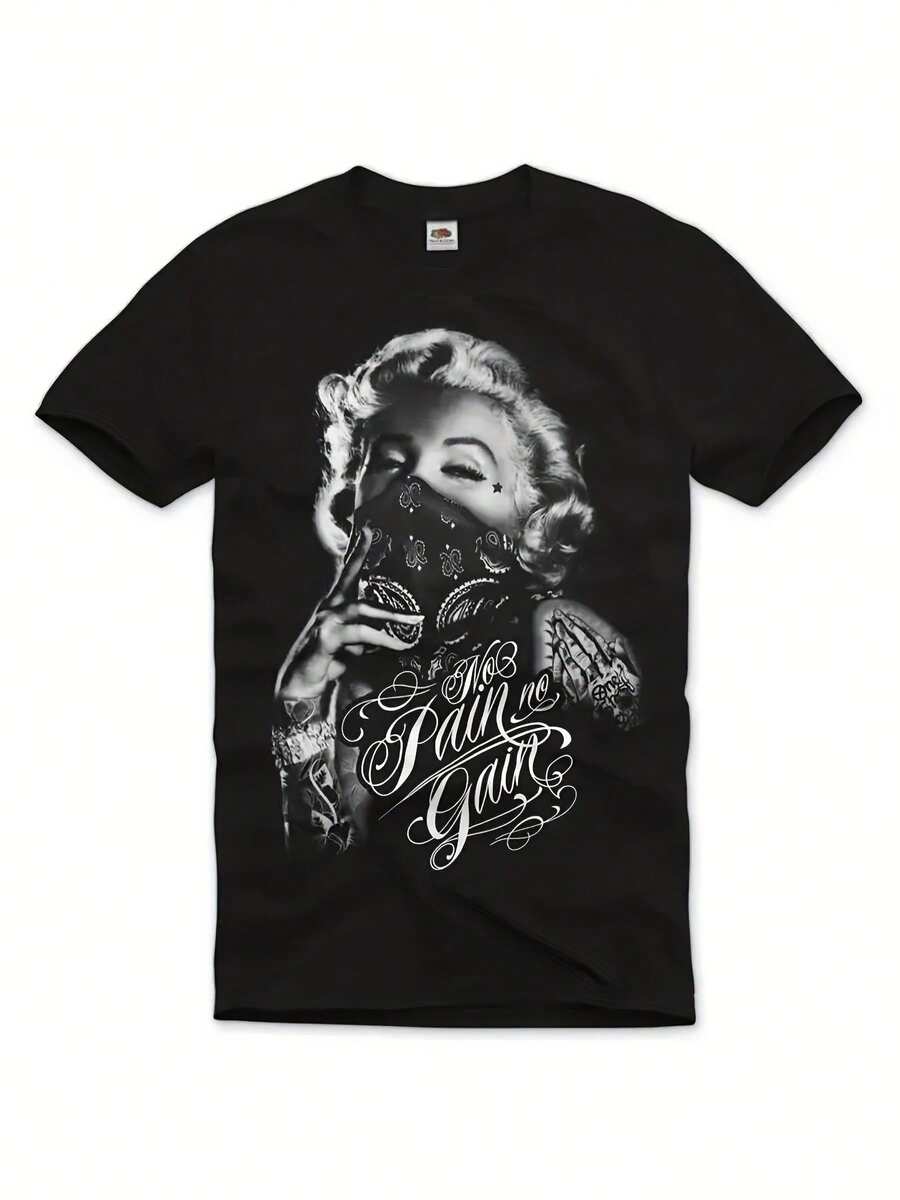 All-Season Apparel Men's & Women's Retro Gangster Graphic T-Shirt - 100% Cotton Short Sleeve O-Neck Tee With Edgy Bandana & Tattoo Design, Medium Stretch Fabric, 180gsm, Machine Washable Casual Streetwear - 黑色 - 查看 1