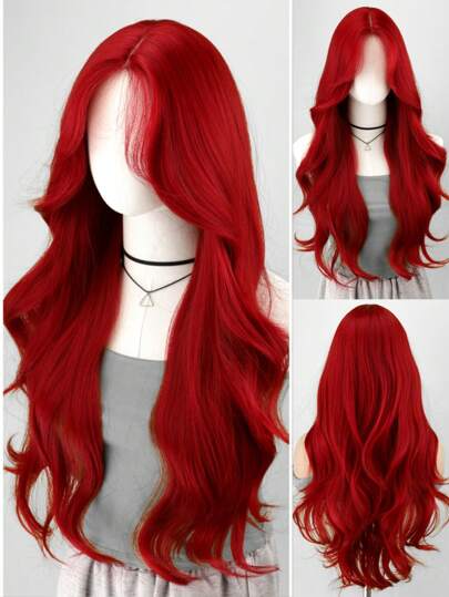26-Inch Red Wavy Lace Front Wig, Synthetic Silk Straight Hair, Heat Resistant Fiber, Red Color Cosplay Wig Suitable For Women