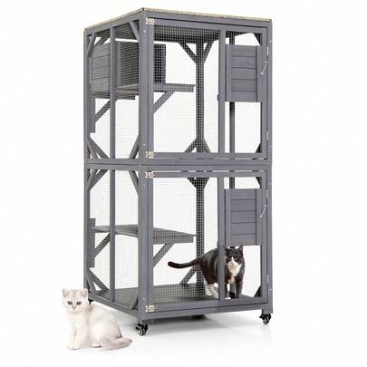  GOFLAME Wooden Cat House Kitten Cage Enclosure On Wheels With Asphalt Roof And 2 Platforms