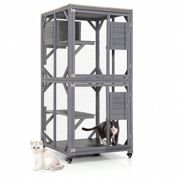  GOFLAME Wooden Cat House Kitten Cage Enclosure On Wheels With Asphalt Roof And 2 Platforms