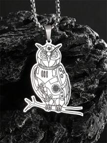 1pc Fashion Stainless Steel Flat Mechanical Doll, Owl Animal Pendant Necklace, Unisex Jewelry Casual Gift