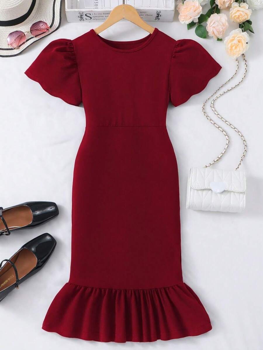Girls Crew Neck Short Sleeve Solid Color Casual Ruffle Hem Versatile Dress, Tween Girl/Toddler - Red - View 1