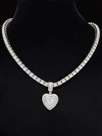 1pc Cubic Zirconia Heart Pendant With 5mm Tennis Chain, Unisex Hip Hop Vintage Pendant Necklace, Suitable For Daily Wear Or Party, Gift For Valentine