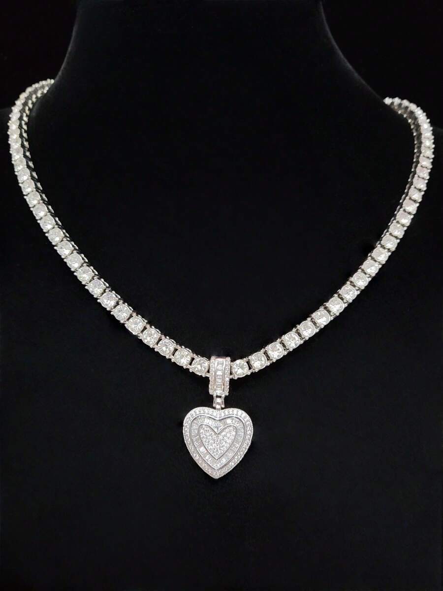 1pc Cubic Zirconia Heart Pendant With 5mm Tennis Chain, Unisex Hip Hop Vintage Pendant Necklace, Suitable For Daily Wear Or Party, Gift For Valentine