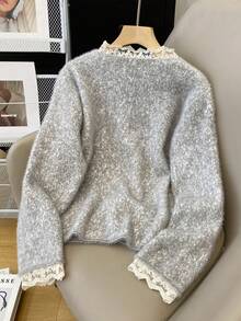 女士秋冬撞色蕾丝长袖单排扣针织开衫，适合通勤、春假、度假、演唱会、波西米亚风、音乐节 - 灰色 - 查看 2