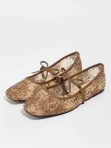 Women Brown Flat Ballet Flats With Bowknot & Floral Embroidery Decor, Summer Breathable Hollow Mesh Sandals, Square Toe Glitter Wide Fit Mary Jane Shoes - màu nâu - Xem 5
