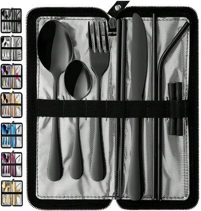 Utensilios De Viaje Portátil, Cubiertos Reutilizables Con Funda Para Fijar La Vajilla, 9 Piezas De Acero Inoxidable Estable Juego De Cubiertos Para Camping Picnic (Conjunto negro)
