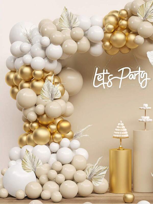 114pcs Gold, White, Cream Latex Balloon Arch Kit, Suitable For Birthday Party, Holiday Party, New Year Celebration, Graduation Stage Decor, Bachelor Party Decor, Christmas Decoration