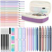 Four Kinds Of Candies, Totaling 18/35 Pieces. Fashion Stationery Set, With 1 Cute Pen Case, Including 12 Soft-Toned Highlighters, 6 Multi-Colored Ballpoint Pens, 1 Marker Pen, Suitable For Student Stationery, Essential For College (Green). Back-To-School Season, Stationery Supplies. Back To School.