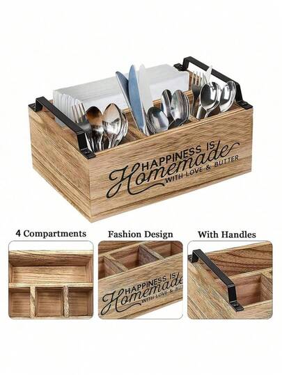 صندوق أدوات المائدة الخشبي ب- 4 تجاويف، مقبض، شوك، سكاكين، ملاعق، مناسب للحفلات والنزهات والتخييم والمطبخ المنزلي والتناول في الهواء الطلق