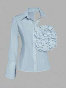 Women's Solid Color One Shoulder Long Sleeve Single Button Floral Designed Elegant Shirt - Blue - View 3