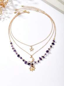 1 Set Of 3pcs , Versatile And Unique Sun, Moon, Star Colored Necklace Set. Asymmetrical Stone Pendant Layered Necklace With Sun, Moon And Star Charms, Suitable For Women's Daily, Vacation, And Party Wear (Stone Color And Shape Random)
