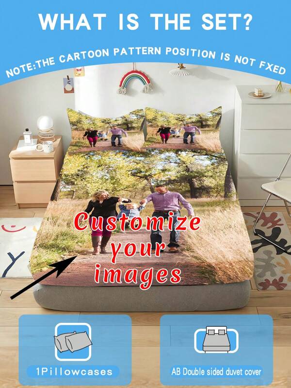 3PCS Customize A Picture Polyester Bedsheet, Digitally Print To Accurately Restore Cute And Interesting Images, Freeze Children'S Favorite Cartoon Characters And Creative Paintings, Suitable For Children Who Love Creative Design