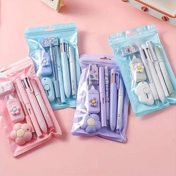 7pcs School Supplies Gift Set - Cute Stationery Essentials, Plastic Writing And Drawing Tools Kit,High Aesthetic Value Student Opening And Graduation Gift, Plastic Writing Instruments With Ruler, Eraser, And Pens,School Supplies,Back To School