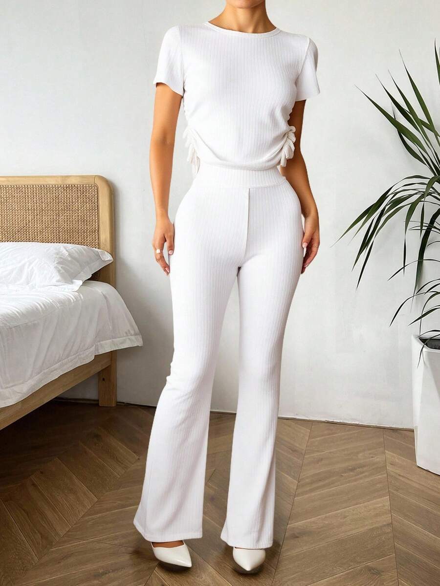 Conjunto dos piezas mujer top blusa manga corta pantalón acampanado tejido canalé color café estilo cómodo moderno casual verano versátil elegante - hueso - Ver 1