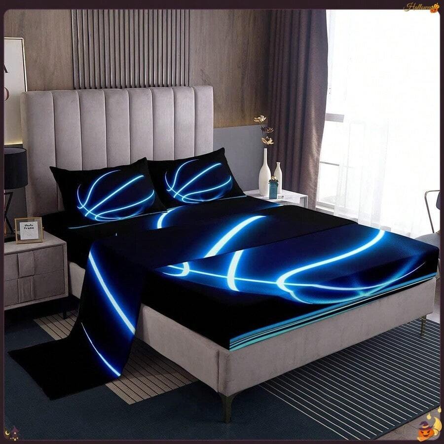 Sports Bed Sheets Neon Basketball Queen Size Sheet Sets 4pcs Teens Sports Theme Sheets Glowing Basketball Flat Sheet,Ball Gaming Fitted Sheet Soft,Black Blue - Multicolor - View 1