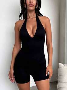 Summer Sleeveless Hanging Neck Deep V Backless High Waisted Tight Fitting Jumpsuit - Black - View 4