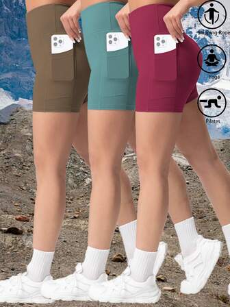 3 件套女士纯色口袋户外运动短裤，穿着舒适，健身房健身服