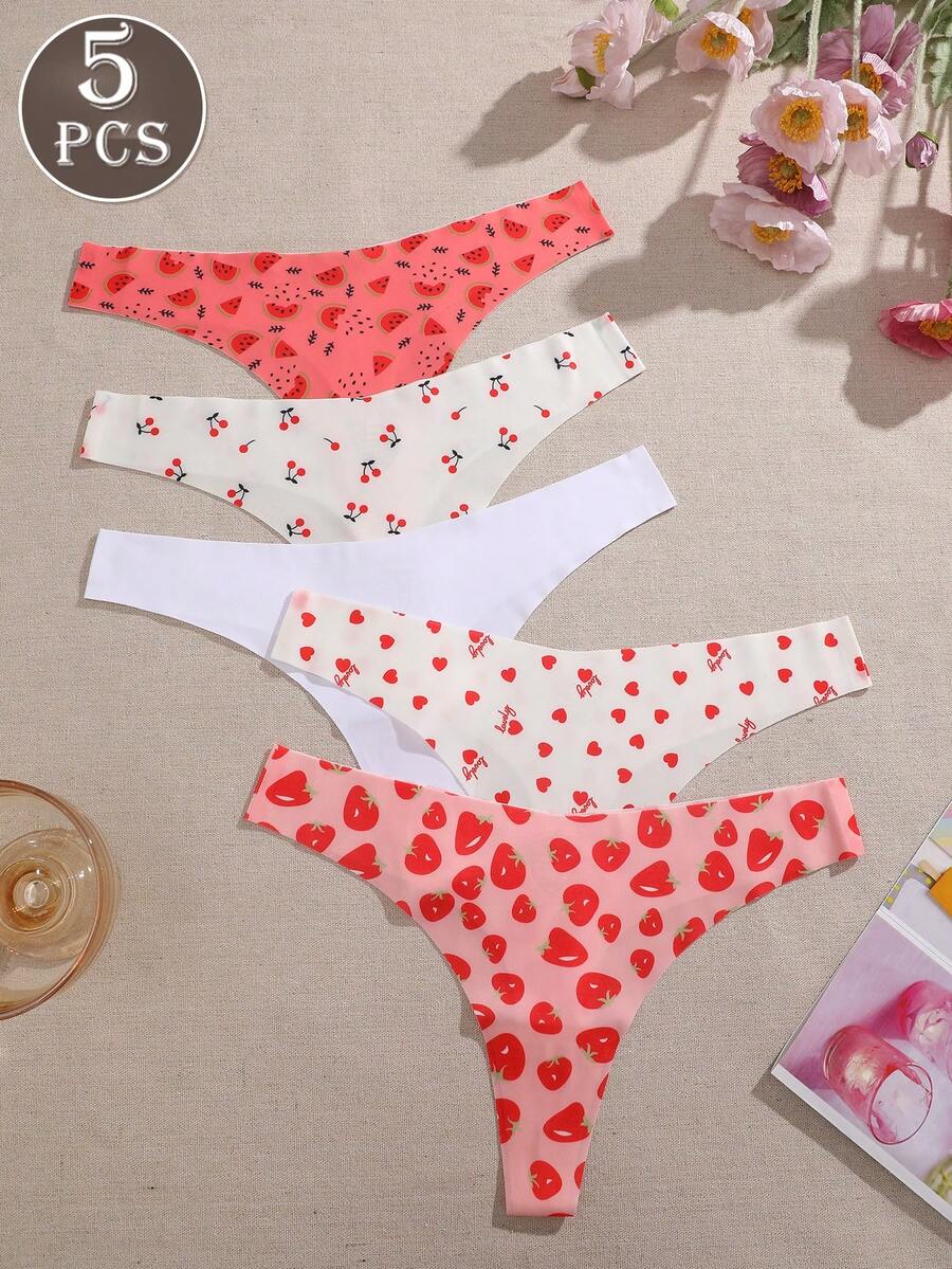 Paquete de 5 bragas tipo tanga cómodas, transpirables y sin costuras de tiro bajo y sexy para mujer, multicolor - Multicolor - Ver 1