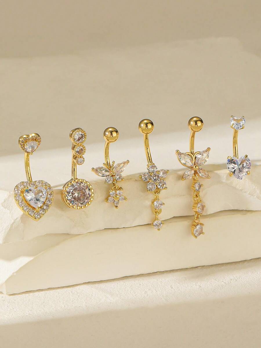6 件/套 18K 镀金铜,带水钻心形、蝴蝶结、花朵不锈钢肚脐环,适合女性、情人节、圣诞节、生日、夜店、海滩派对、日常佩戴 - 金黃色 - 查看 1