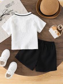 2pcs/Set Young Boys Summer New Casual Horse Embroidery Knit Short Sleeve Polo Shirt And Shorts Outfit