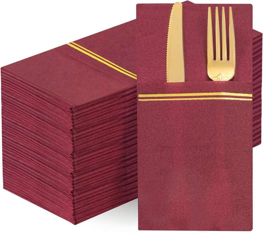 100PCS Burgundy Red Paper Napkins With Built-In Flatware Pocket - Burgundy Red And Gold Prefolded Cloth Like Disposable Napkins - Heavy-Duty Linen-Feel Dinner Napkins For Christmas & Party - Burgundy - View 1